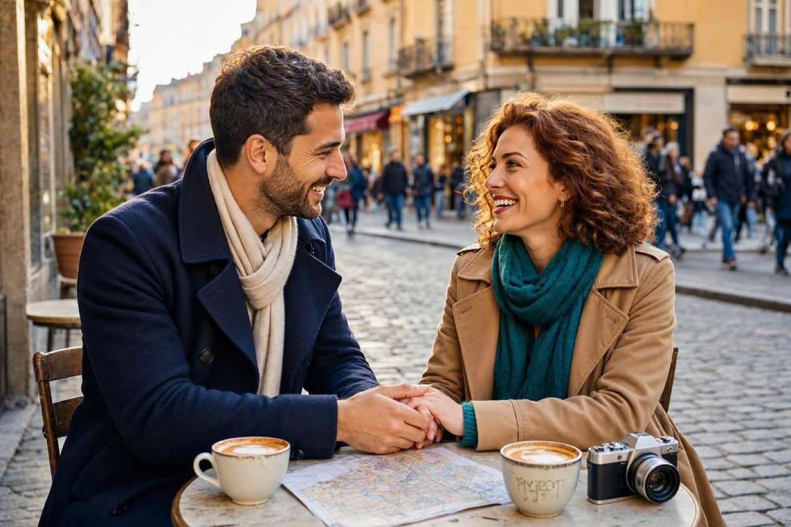 Couple holding hands at an outdoor cafe on a cobblestone street